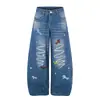Calças Jeans Lavadas Bordadas de Cutelo da Subcultura Americana para Homens e Mulheres 2026 Casuais Soltas Vintage de Perna Larga Comprimento Total