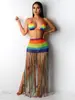 Nuevo traje de baño bikini de estilo europeo y americano con rayas de arcoíris y amarre, con conjunto de falda de playa con borlas para vacaciones