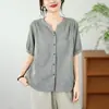 Nova Camisa de Verão com Decote V Estampada de Manga Curta para Mulheres, Corte Solto, Gaze de Algodão de Camada Dupla com Flores Bordadas, Atacado