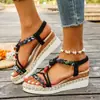 Sandalias de Cuña Boca de Pez para Mujer 2026 Estilo Étnico Transfronterizas de Suela Gruesa Tallas Grandes Verano con Perlas Cuña Negra