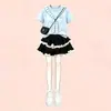 Conjunto de verão novo estilo universitário com top de manga curta dopamina e saia de renda em camadas estilo coreano para meninas