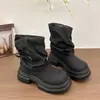 Botas de Cano Curto Elegantes com Bico Quadrado e Salto Bloco Ruched Botas Empilhadas Novo Estilo 2026 para Pessoas Baixas Botas de Cano Curto Botas Western