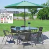Mesas y Sillas de Exterior con Sombrillas, Sillas de Mimbre, Conjunto de Mesa de Café de Hierro Forjado para Ocio en Balcón y Patio, Conjunto de Mimbre de Tres o Cinco Piezas para Terraza Exterior