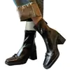 Botas de tornozelo de couro estilo francês com bico quadrado e salto alto para mulheres, novas botas Martin pretas de salto grosso para outono e inverno, botas elásticas de ajuste justo