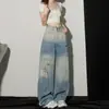 Calça Jeans Wide Leg Color Block de Cintura Alta para Mulheres, Tendência de Verão Versátil Novo Estilo Americano Rasgada Street Style Perna Reta Comprimento Total