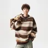 Suéter de Mohair con Cuello Redondo para Hombre y Mujer, Tejido de Punto Rayado Bloque de Color Casual Otoño e Invierno, Chaqueta Suelta y Relajada para Pareja