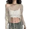 Suéter de Verão Transfronteiriço Curto Tricô Vazado Franja Casual Emagrecedor Top Manga Longa Solto Camisa de Sobrepor