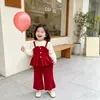 Conjunto de primavera y otoño estilo coreano para niñas, top de punto de imitación de dos piezas y pantalones largos, elegante conjunto de dos piezas de suéter de invierno para niños