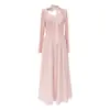 Vestido largo de encaje rosa con cordones, plisado, lazo, manga larga para mujer, estilo nuevo, estilo suave, vestido largo tipo paraguas muy bonito