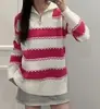 Suéter de Punto con Cremallera Media, Cuello de Solapa a Rayas de Color Contrastante para Mujer, Nuevo Estilo 2026, Holgado, Casual, Estilo Universitario, Suéter Exterior