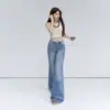 Jeans juveniles acampanados de tiro bajo con estampado de bambú en color naranja para mujer, corte holgado, adelgazantes, con caída, casuales, versátiles, pantalones de largo hasta el suelo