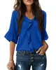 2026 Moda Europeia e Americana Transfronteiriça Amazon Blusa Casual Solta com Decote V, Babados, Manga Meia-Manga, Renda