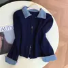 Cárdigan de punto con cuello, manga larga, patchwork de mezclilla y doble cremallera para mujer, nuevo estilo otoño e invierno, suéter casual versátil de dos piezas simuladas