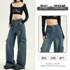 Pantalones de mezclilla de pierna ancha de estilo americano Workwear Retro de cintura alta holgados multibolsillos versátiles de largo hasta el suelo High Street para mujer