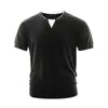 Nueva moda de verano para hombre, camiseta de punto de manga corta con cuello en V, estilo falso dos piezas, estilo coreano, color liso, camiseta casual y sencilla para adolescentes