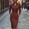 Vestido bodycon de manga larga con bolsillo y cinturón, nuevo para 2025, transfronterizo europeo y americano, sitio independiente de Amazon, Otoño