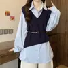 Otoño 2026 Nuevo Chaleco Camisa de Moda Talla Grande Reductor de Cintura con Cinturón Conjunto de Tres Piezas en Capas para Mujeres de Talla Grande