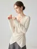 Suéter de tricô elegante 100% caxemira pura estilo francês para mulheres, gola V, com renda nas mangas compridas, design cruzado, top afunilador