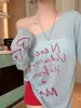 Blusa Holgada Transparente con Estampado de Graffiti para Mujer, Camiseta de Manga Larga Primavera/Verano, Top Asimétrico Chic sin Hombros