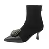 Botas Elásticas Ajustadas para Otoño e Invierno, Nuevas Botas de Tacón Alto con Flor de Pedrería de Gama Alta, Tacón Fino, Punta Fina, Cierre Trasero, Botines para Mujer