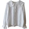 [Bi Zheng] Nuevo Estilo Coreano Primavera 2025 Encaje Hueco Cuello de Muñeca Botón de Color Manga de Campana Camisa Dulce para Mujer 3600