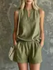 Conjunto Casual de Dos Piezas con Shorts 2026 Algodón y Lino Estilo Cuello V Vacaciones Estilo Nuevo Europeo y Americano Top sin Mangas Traje de Verano para Mujer