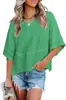 2026 Amazon Transfronterizo Verano Nuevo Estilo Europeo y Americano Patchwork Color Sólido Cuello Redondo Holgado Top Camiseta con Mangas de Tres Cuartos Acampanadas