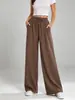 Amazon Europa Nuevo Cordón Cintura Elástica Holgado Casual Color Sólido Caída Pierna Recta Ancha Pantalones Largos Ropa de Mujer