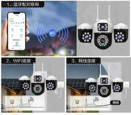 V380太阳能摄像头4G双画面枪球三目10倍变焦低功耗电池无