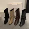 Botas curtas de camurça cáqui estilo retrô Chuyuji para mulheres, botas estilo francês, design de nicho de outono, botas western com salto bloco