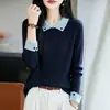 Suéter de Punto con Bloques de Color Estilo Universitario Coreano, Solapa, Falso Dos Piezas, para Mujer, Otoño Invierno, para el Trabajo, Adelgazante, Capa Interior, Tacto de Alta Gama, Suéter para Mujer