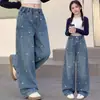 Jeans elegantes y chic para niñas 2026 Nuevas Llegadas de Otoño para Niños Medianos y Mayores Estilo Coreano Pantalones Sueltos de Pierna Ancha Pantalones Casuales Versátiles