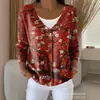 Nova blusa de moletom com botões, gola V, manga longa, estampada em 3D, estilo personalidade, solta, para outono e inverno, jaqueta suéter para mulheres
