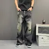 Tendência de Rua Estilo Deserto Americano Jeans Ripped de Perna Reta Masculino Calças Longas Largas Soltas Pesadas Lavadas Desgastadas