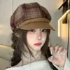 Gorra Octagonal Retro Británica a Cuadros para Mujer Otoño Invierno Estudiante Versátil Adelgazante de Rostro Gorra de Pintor Boina Elegante Gorra de Periódico