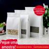 Papel Kraft branco fosco janela aberta saco selado de oito bordas embalagem selada de comida de gato saco autossustentável autovedante conjunto completo de amostras