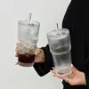 Copo de Água de Vidro, Xícara de Café de Alta Estética, Espessado com Tampa e Canudo, Vidro com Listras Verticais, Estilo Ins, Grande Capacidade