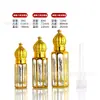 Botella de vidrio vacía octagonal fina de alta calidad para explosiones, electrochapado, dorado, botella de aceite subenvasada de esencia de perfume portátil
