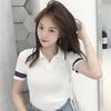Verano Nueva Camiseta Tejido de Punto Seda de Hielo Estilo Preppy para Mujer Manga Corta Aspecto Adelgazante Top Retro con Solapa Ropa de Mujer