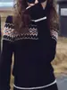 Design Único e Exquisito para o Inverno de 2025, Estilo de Nicho e Não Contrastante, Suéter Jacquard Fair Isle Jacquard Preto para Mulheres