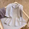 Verano Nuevo Todo-combinable Suelto Algodón y Lino Artístico Retro Solapa Color Sólido Elegante Camisa Algodón y Lino Top Manga Corta para Mujer