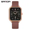 Relógio de Pulso Quartz Tendência Marca Sanda Calendário Simples Quadrado Masculino e Feminino com Pulseira de Couro Relógio à Prova d'Água Atacado