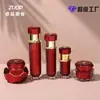 Set Hexagonal de Acrílico Color Rojo Vino Botella para Crema, Loción, Esencia, Spray, Botella con Dosificador, Botella Dispensadora Cosmética