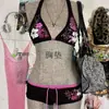 Biquíni com Bojo, Estampa Floral em Cores Contrastantes, Estilo Sexy Hottie Y2K, Estética Europeia e Americana, Lindo Conjunto de Roupa de Banho Tomara que Caia
