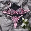 2026 Nuevo Conjunto de Lencería de Malla Bordada en Forma de Abanico Sexy Transparente Sujetador Push-up y Tanga Conjunto de Dos Piezas