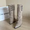 Botas largas para mujer con punta fina, tacón alto, hebilla de cinturón, estilo otoño, ajustadas, vintage, estilo motociclista, tacón de cuña de moda