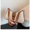 Bolsa de ombro feminina tecida com retalhos listrados coloridos, estilo novo, cor contrastante, tendência, casual, simples, estilo floresta, para usar sob o braço