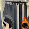 Pantalones Casuales de Maternidad para Otoño e Invierno, Forro Polar, Sin Soporte Abdominal, Cordón, Pantalones de Pierna Ancha Rayados, Tallas Grandes Sueltos de Pierna Recta Ropa de Maternidad