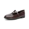 Zapatos de Cuero Redondos Retro Weiwei Lady 1257-1 con Tacón Grueso y Correa en T, Mocasines para Mujer para Viajes de Oficina
