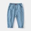 Pantalones vaqueros de cintura media con bolsillos de patchwork azul para niños, pantalones vaqueros de algodón suave para exteriores e informales de primavera